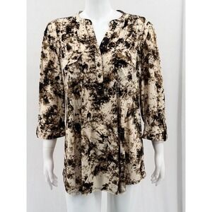 Cocomo Top Womens 1X Beige Brown Abstract 3/4 Sleeve V-Neck Stretch Office Work